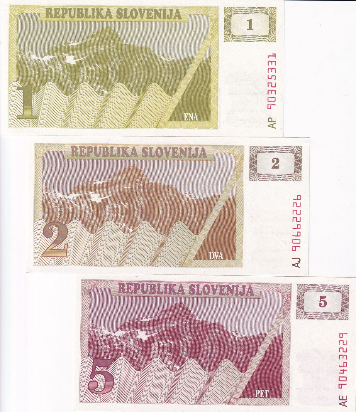 Slovenia Set 3 Pcs 1 2 5 Tolarjev 1990 P 1 2 3 UNC