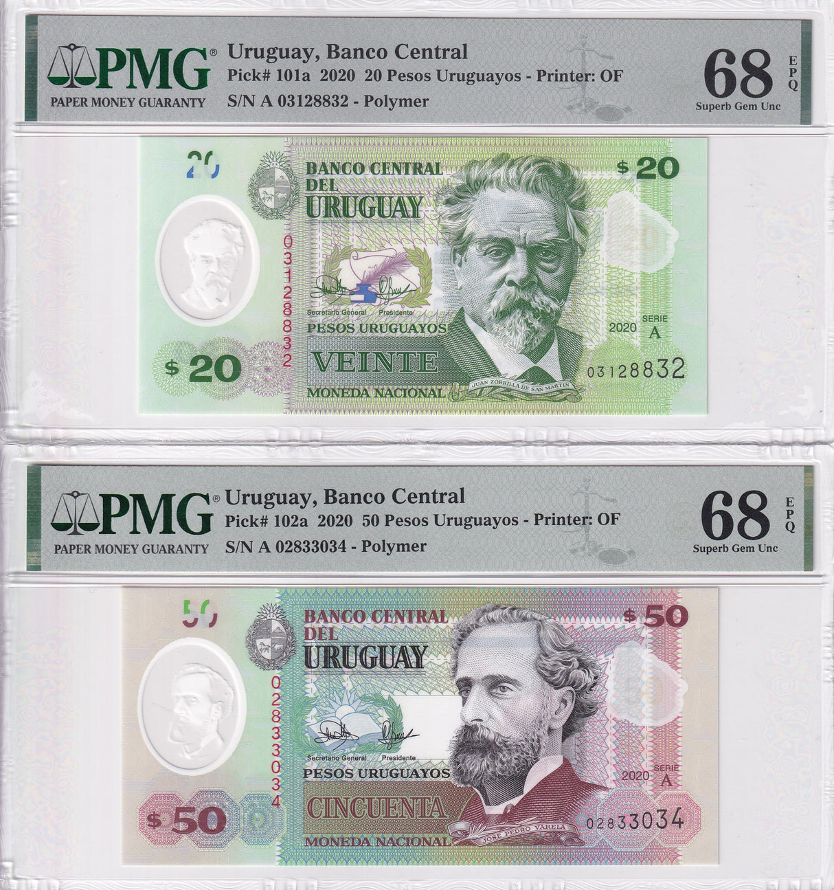 Uruguay Set 2; 20 50 Pesos 2020 P 101 P 102 Superb Gem UNC PMG 68 EPQ
