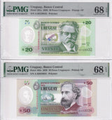Uruguay Set 2; 20 50 Pesos 2020 P 101 P 102 Superb Gem UNC PMG 68 EPQ