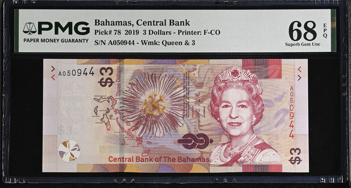 Bahamas 3 Dollars 2019 P 78 Superb Gem UNC PMG 68 EPQ