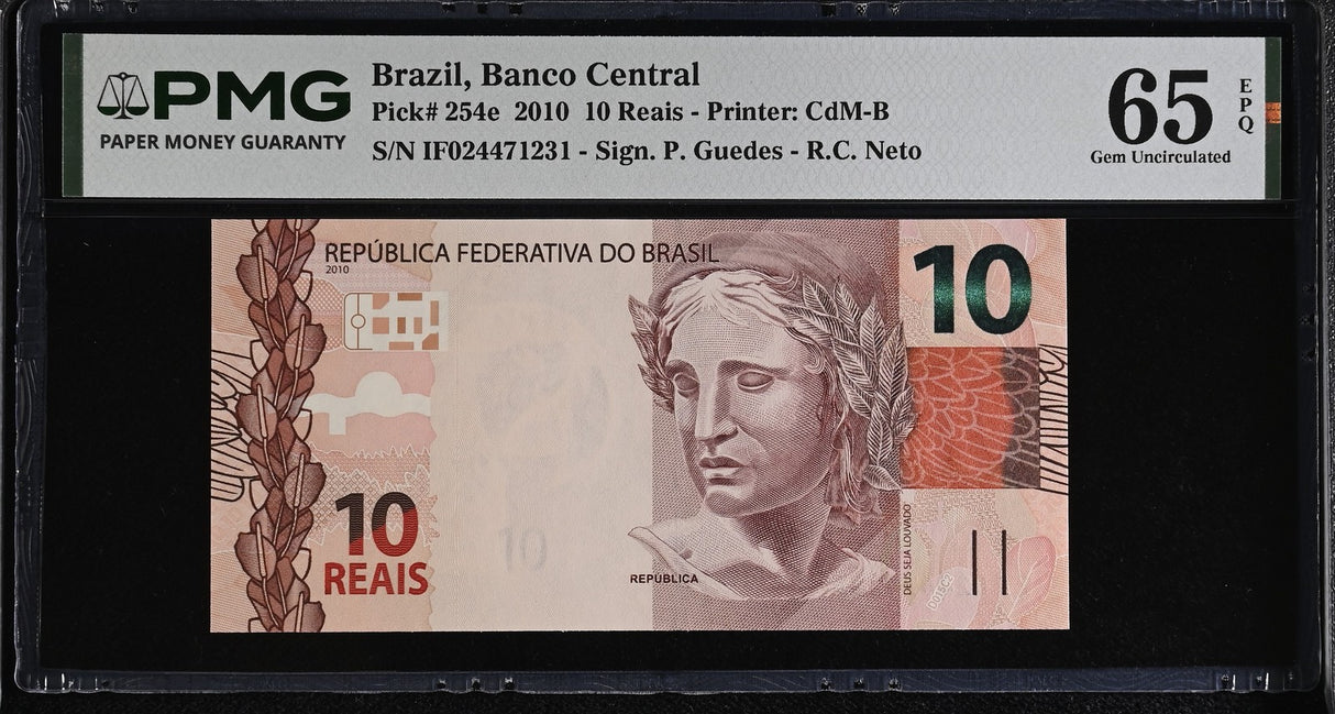 Brazil 10 Reais 2010 P 254 e Gem UNC PMG 65 EPQ , Graded note