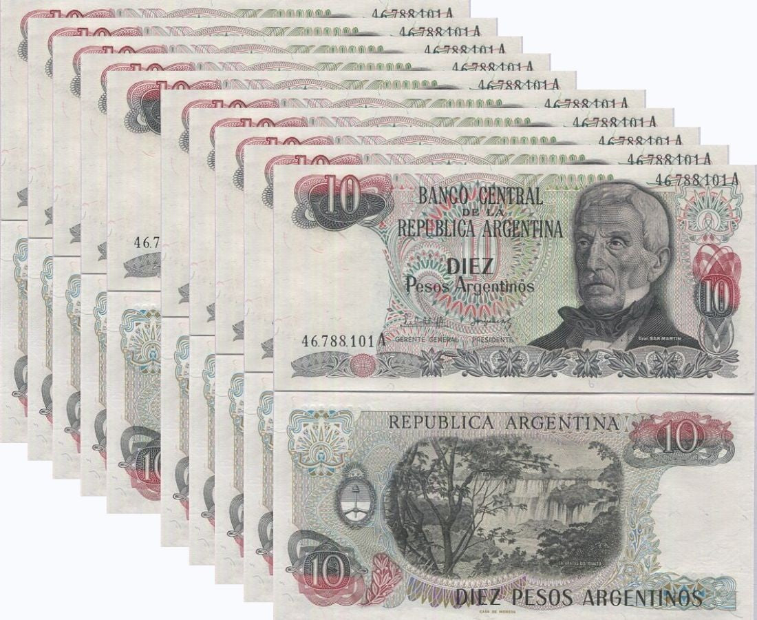 Argentina 10 Pesos ND 1983-1984 P 313 UNC ,Iguazu waterfalls, Misione LOT 10 PCS