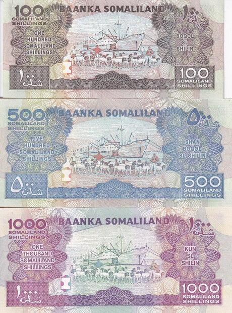 Somaliland SET 3 PCS 100 500 1000 SHILLINGS Random Date P 5 6 20 UNC