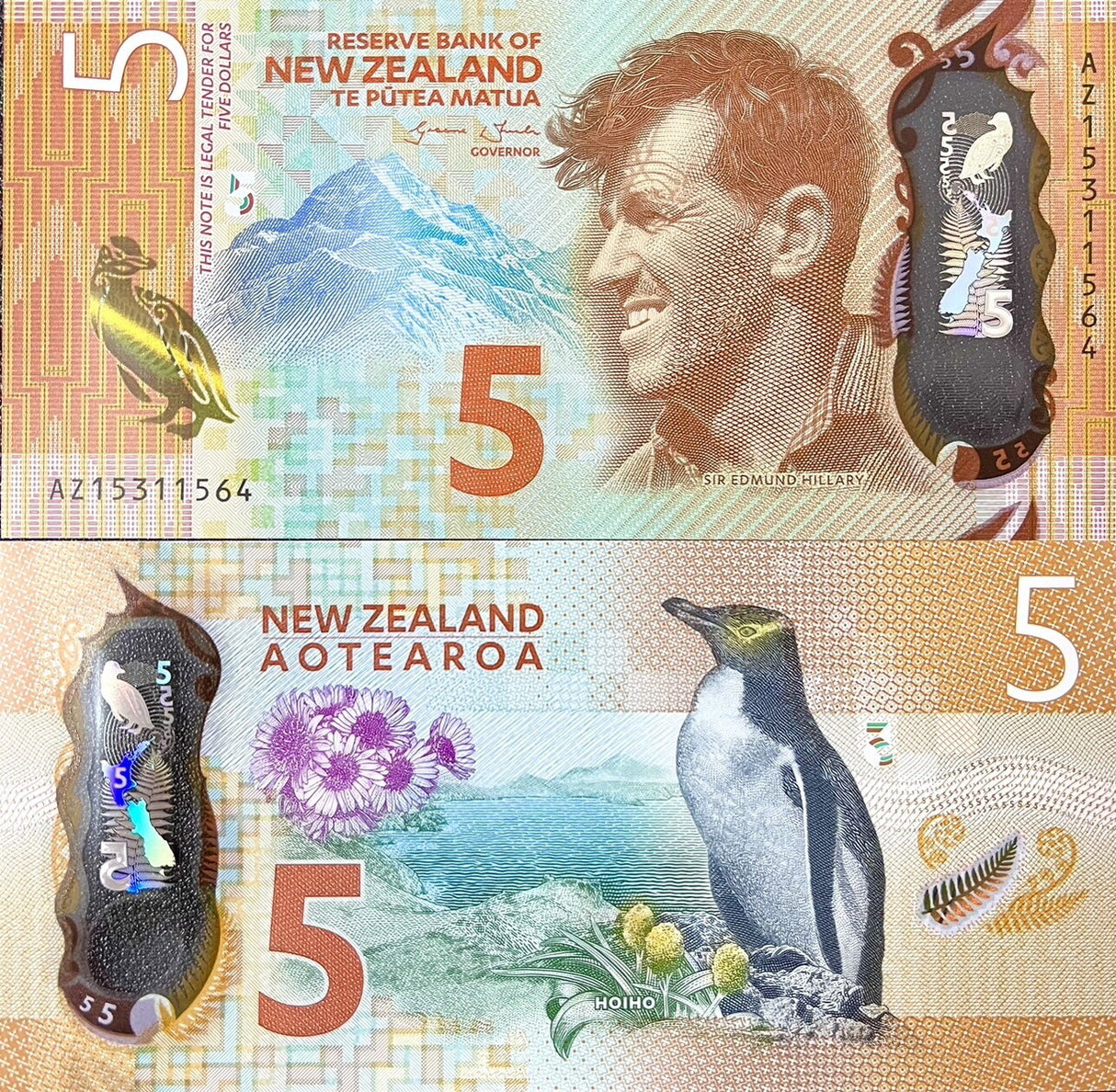 New Zealand 5 Dollars 2015 Polymer P 191 UNC, Mt Cook, Edmund Hillary, Penguin