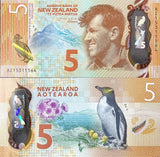 New Zealand 5 Dollars 2015 Polymer P 191 UNC, Mt Cook, Edmund Hillary, Penguin