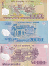 Vietnam Set 3 Pcs 10000 20000 50000 Dong Random Mixed P 119 120 121 polymer UNC