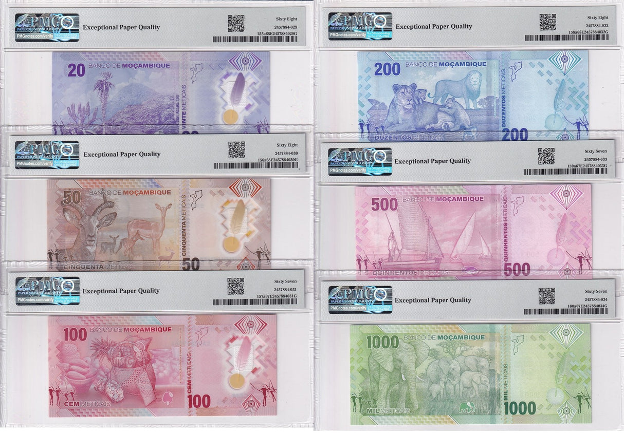 Mozambique Set 6 ;20 50-200 Meticais 2024 P 155-160 Superb Gem UNC PMG 67 68 EPQ