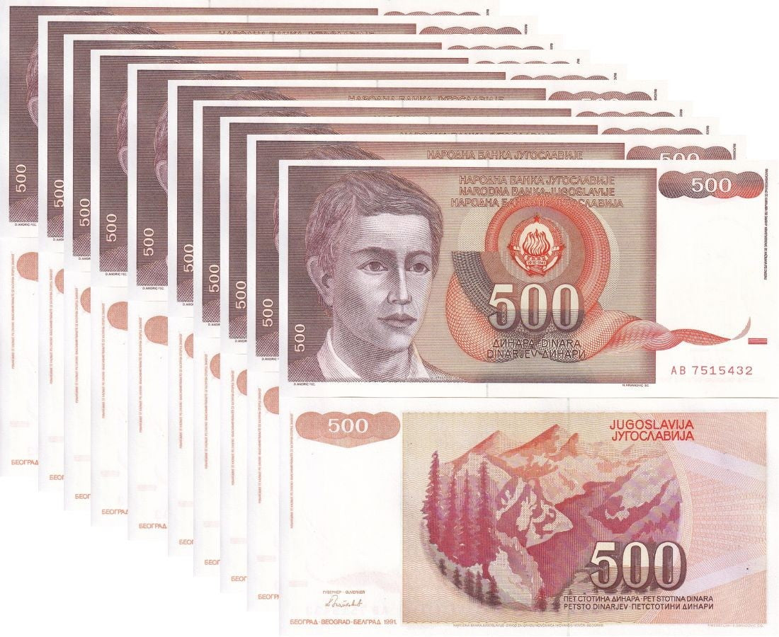 Yugoslavia 500 Dinara 1991 P 109 UNC LOT 10 PCS ,Youth Mountains , Belgrade