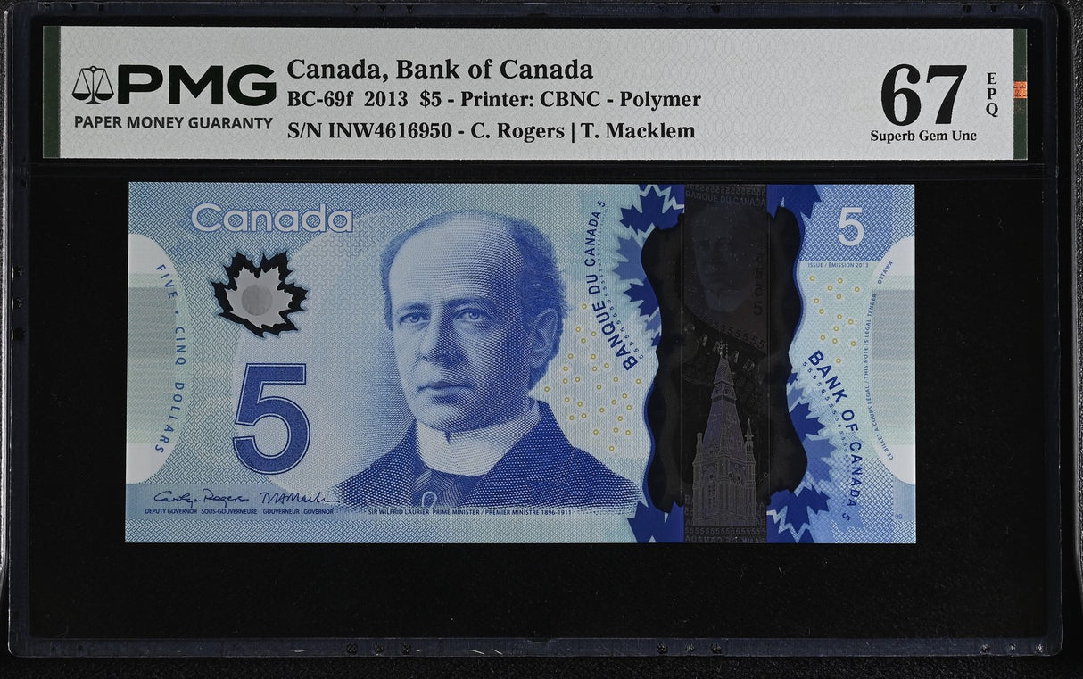 Canada 5 Dollars 2013 P 106 f Polymer Rogers Macklem Superb Gem UNC PMG 67 EPQ