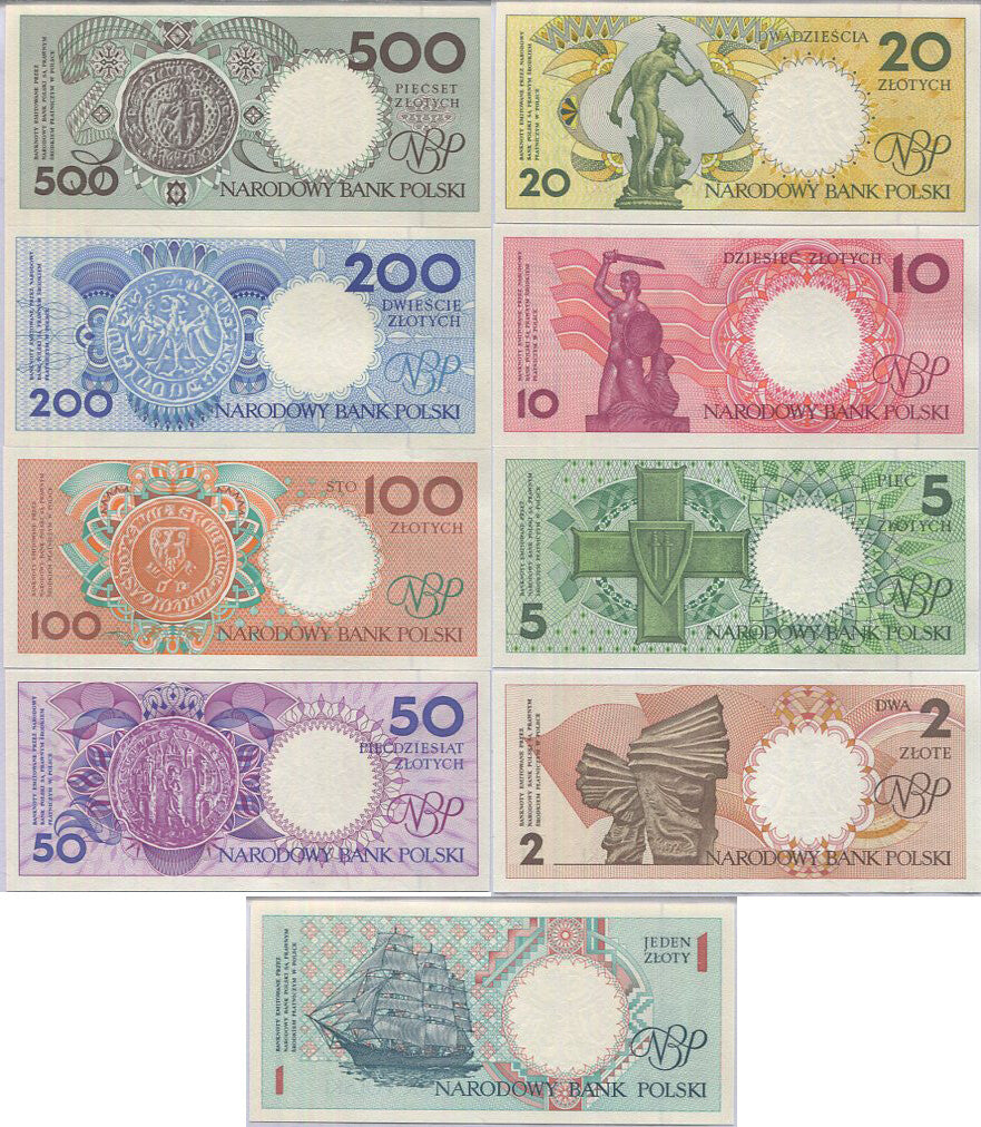 Poland Set 9 UNC 1 2 5 10 20 50 100 200 500 Zlotlych 1990 P 164 165-171 172