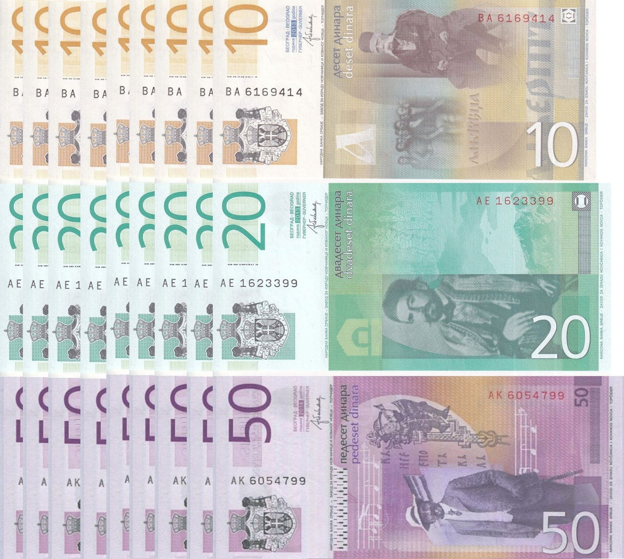 Serbia Set 3 x Lot 10 = 30 Pcs 10 20 50 Dinara RANDOM DATE P 54 55 56 UNC