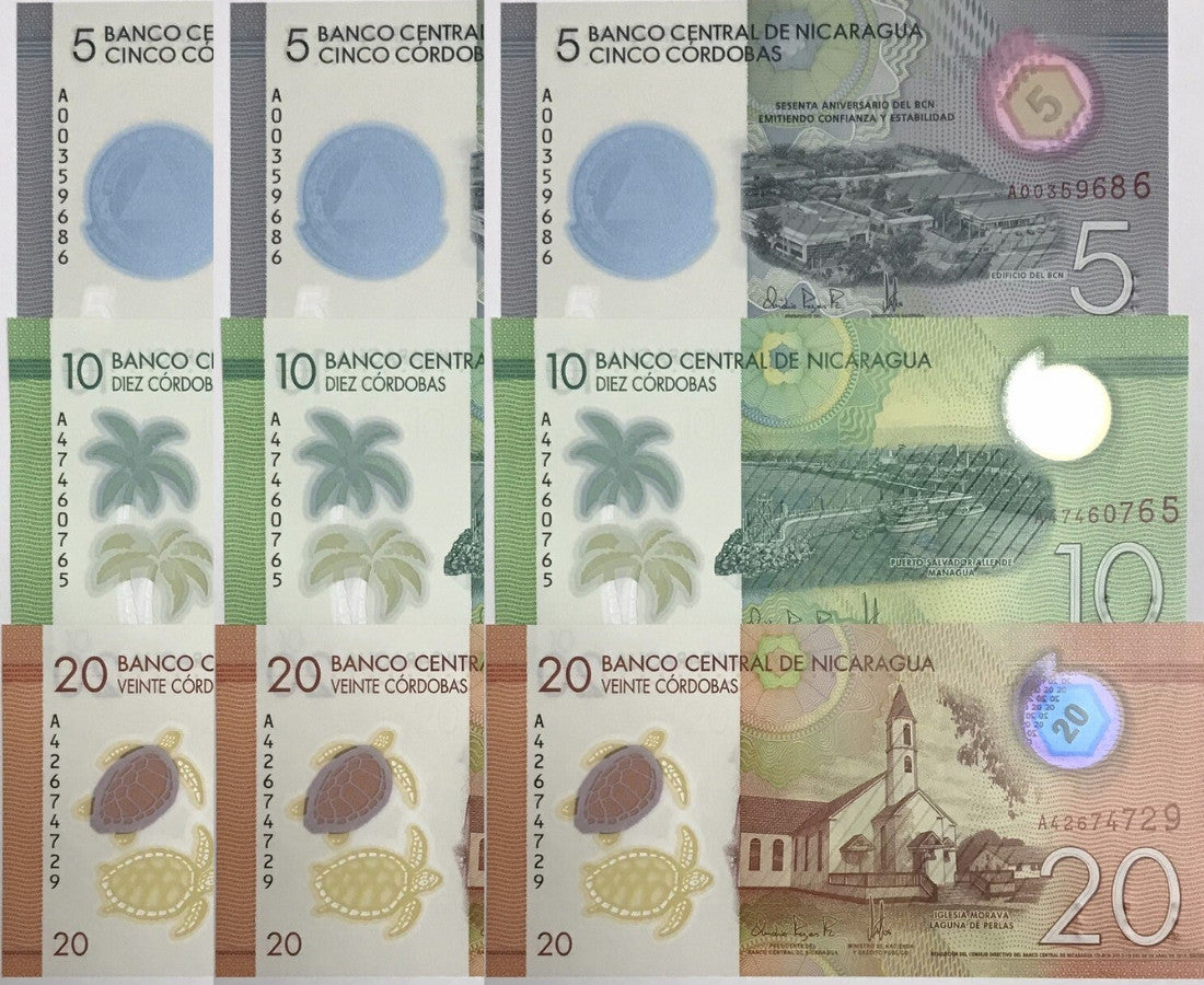 Nicaragua Set 3 UNC 5 10 20 Random Date P 209 210 219 Polymer LOT 3 Sets 9 Pcs