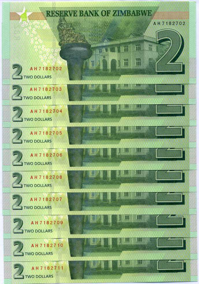 Zimbabwe 2 dollars 2019 P 101 UNC LOT 10 PCS ,Parliament House (Harare)