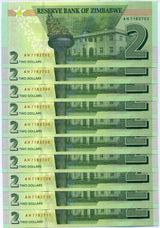 Zimbabwe 2 dollars 2019 P 101 UNC LOT 10 PCS ,Parliament House (Harare)