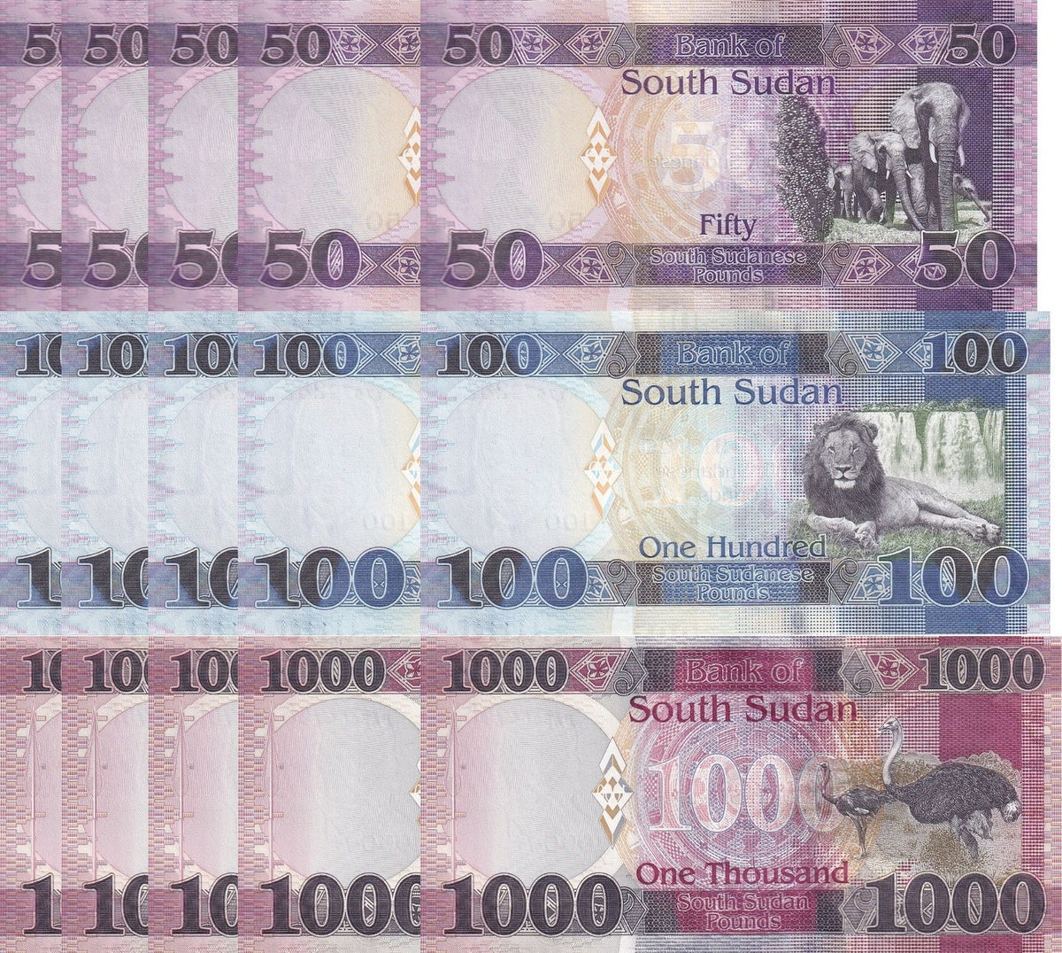 South Sudan Set 3 X LOT 5 = 15 UNC 50 100 1000 Pounds 2019 2024 P 14 15 21
