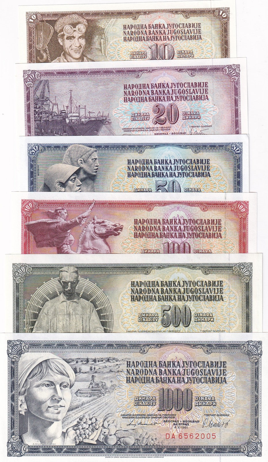 Yugoslavia Set 6 UNC 10 20 50 100 500 1000 DINARA Random Dates