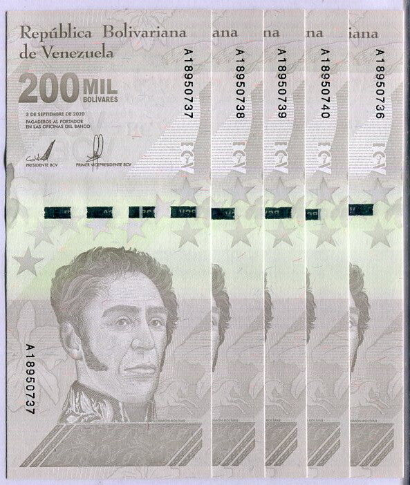 Venezuela 200000 Bolivares 2020/2021 P 112 UNC Lot 5 Pcs