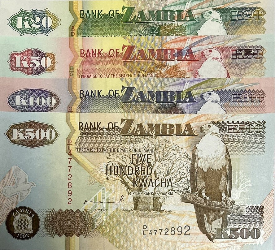 Zambia Set 4 Pcs 20 50 100 500 Kwacha Random Year P 36 37 38 39 UNC