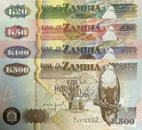 Zambia Set 4 Pcs 20 50 100 500 Kwacha Random Year P 36 37 38 39 UNC