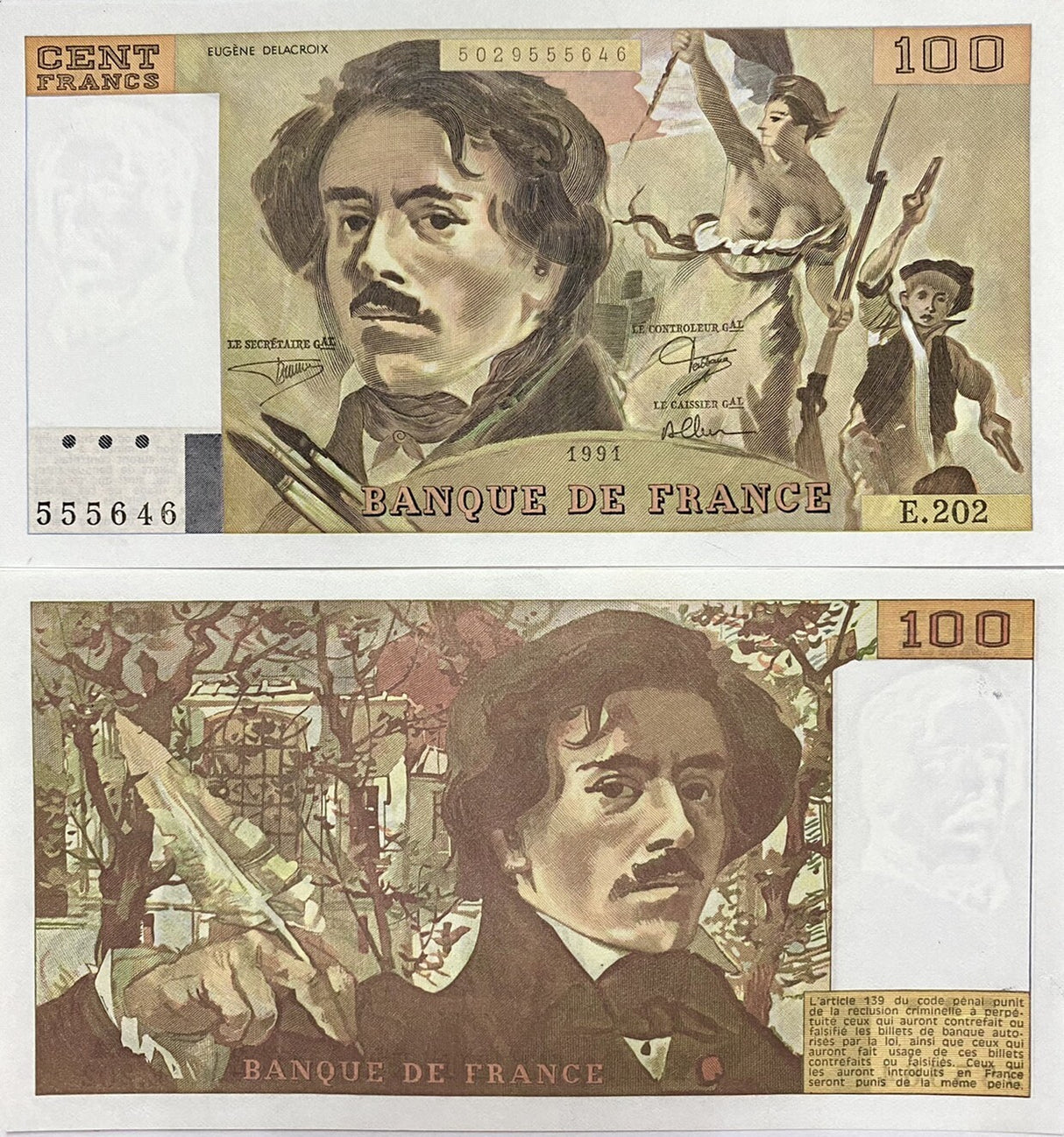 France 100 Francs 1991 P 154 e AUnc ,Ferdinand-Victor-Eugène Delacroix