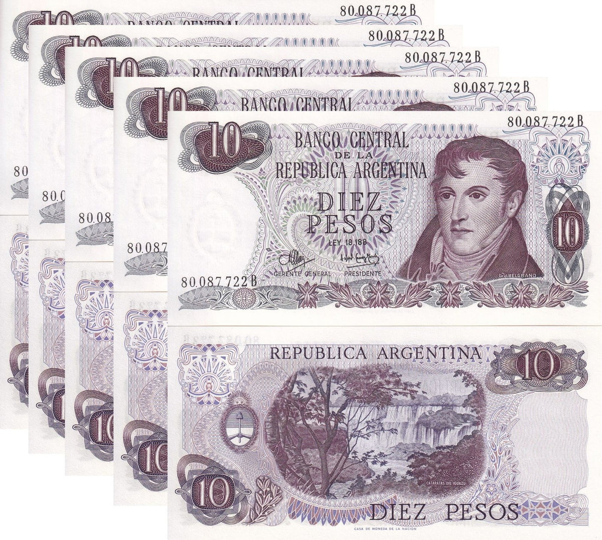 Argentina 10 Pesos ND 1970-73 P 289 UNC LOT 5 PCS ,Iguazú waterfalls ,Misiones