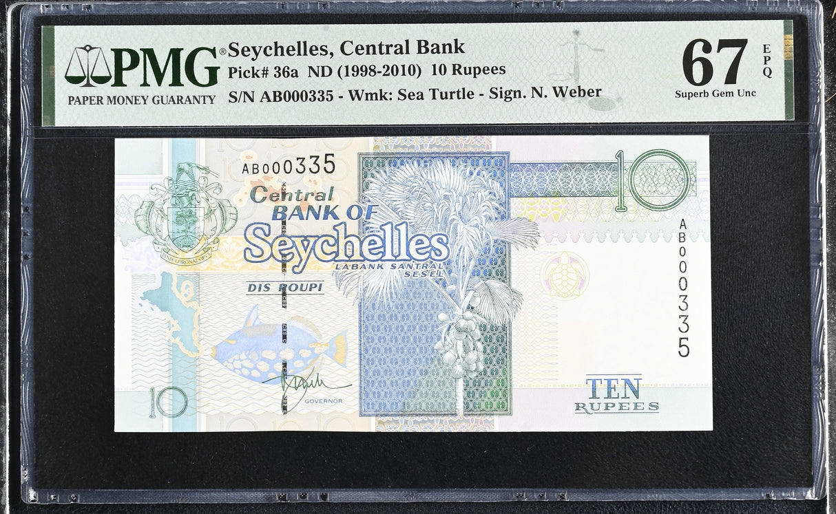 Seychelles 10 Rupees ND 1998-2010 P 36 a LOW 335 Superb Gem UNC PMG 67 EPQ