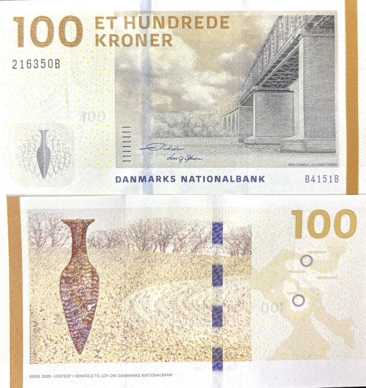 Denmark 100 Kroner 2015 Nielsen & Sørensen P 66 d UNC ,Hindsgavl dagger,bridge