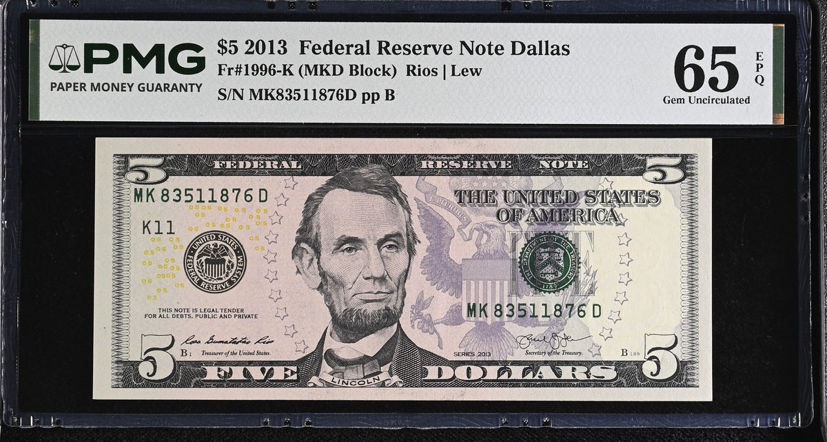 United States 5 Dollars Usa 2013 P 539 K Dallas Gem UNC PMG 65 EPQ