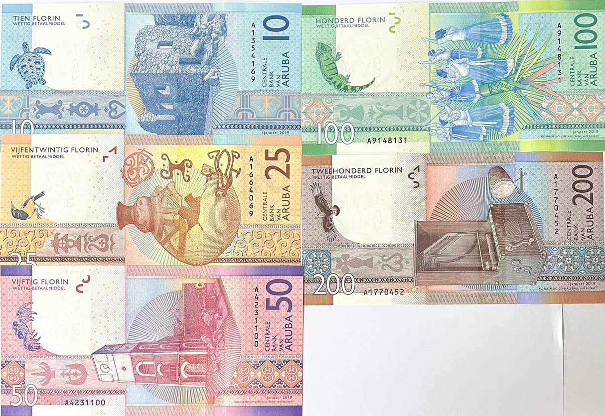 Aruba Set 5 Pcs 10 25 50 100 200 Florin 2019 P 21 22 23 24 25 UNC