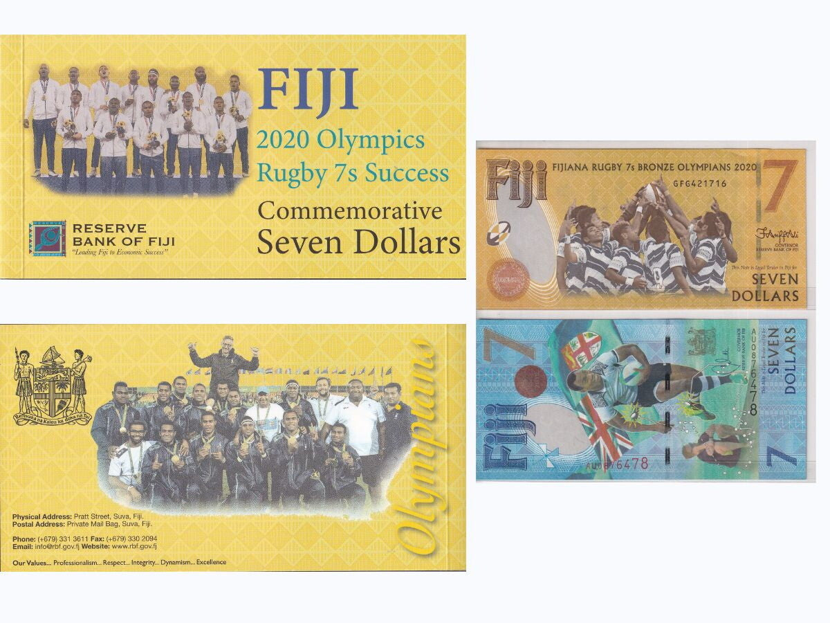 Fiji Set 2 UNC 7 Dollars 2017 & 2020 Rugby in Commemorative Folder Olympics
