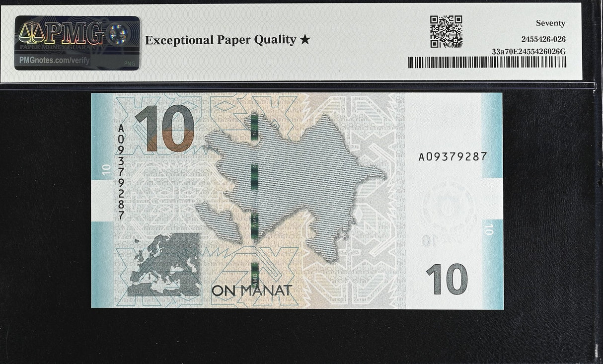 Azerbaijan 10 Manat 2018 ND 2019 P 33 a Superb Gem UNC PMG 70 EPQ Top Pop