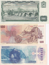 Czech Set 3 UNC 100 500 1000 Korun 1961-1985 (1993) P 1 P 2 P 3 Stamp