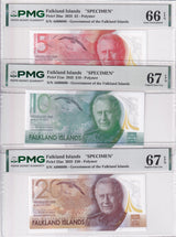 Falkland Islands Set 3; 5 10 20 Pound 2025 P20-22 SPECIMEN Gem UNC PMG 66 67 EPQ