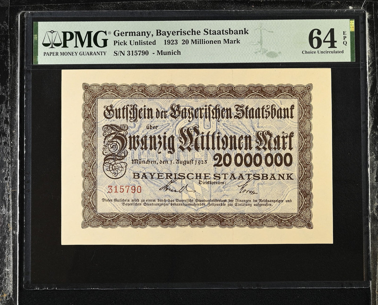 Germany 20 Millionen Mark 1923 Choice UNC PMG 64 EPQ