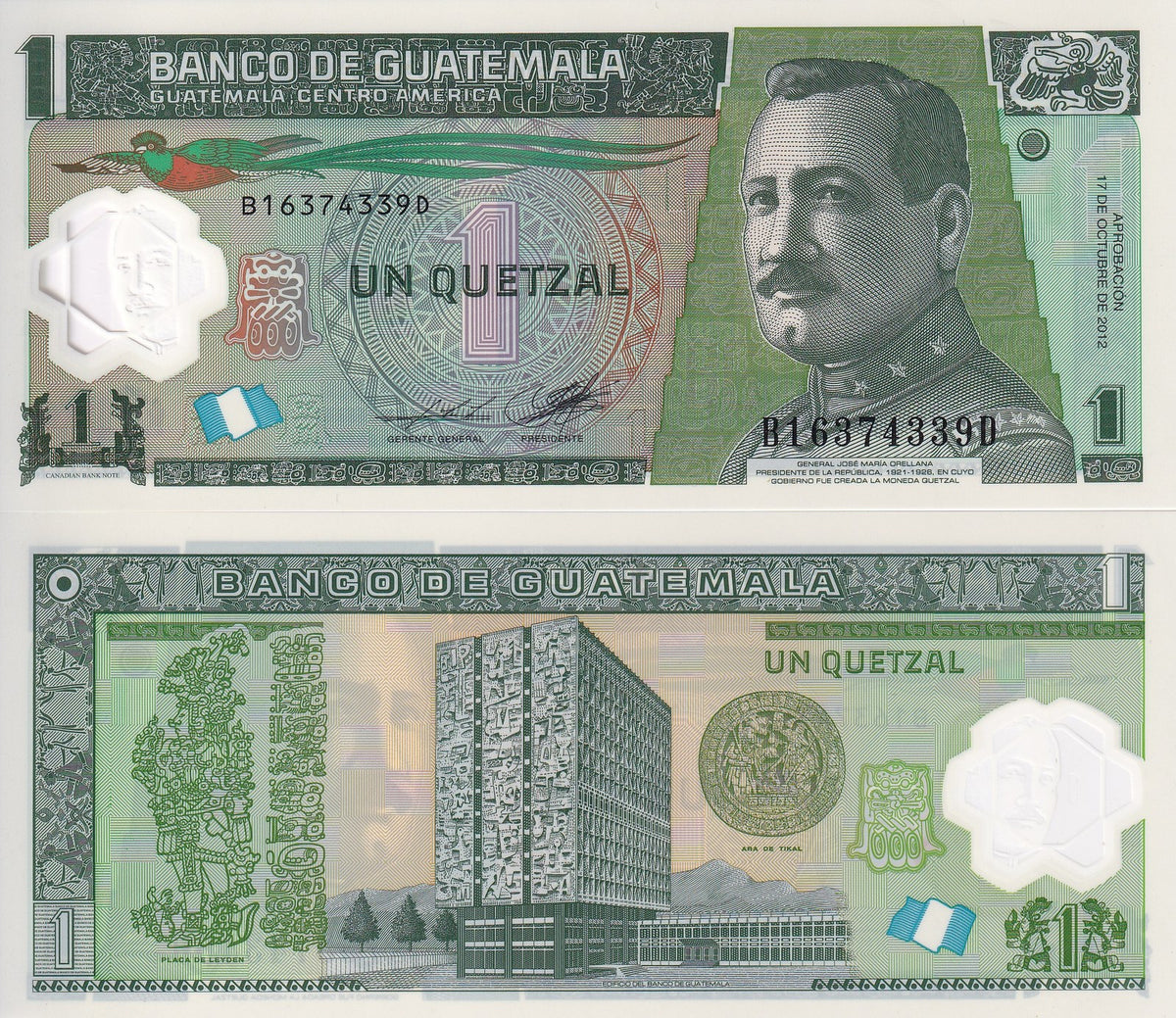Guatemala 1 Quetzal 2012 P 115 Polymer UNC , Printer Oberthur Fiduciaire, France