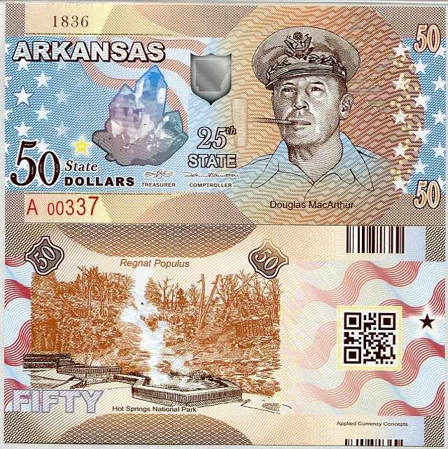 USA ARKANSAS 50 DOLLARS 2017 POLYMER 25th STATE General Douglas MacArthur