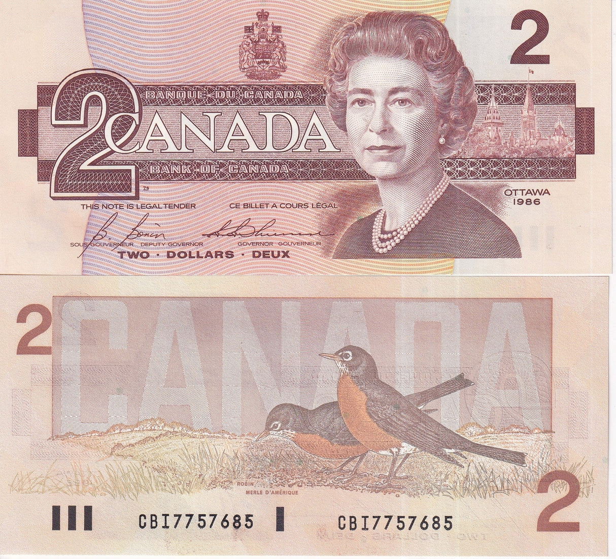 Canada 2 Dollars 1986 P 94 c Queen Elizabeth QEII UNC