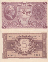 Italy 5 Lire 1944 P 31 b UNC  ,Istituto Poligrafico dello Stato, Athena