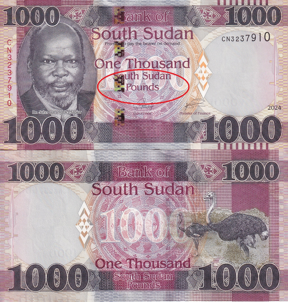 South Sudan 1000 Pounds 2024 P 21 NEW Letter UNC , Ostriches