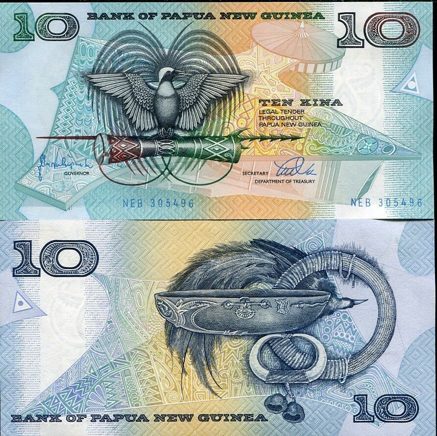 Papua New Guinea 10 Kina ND 1998 P 9 e UNC ,Bowl, ring, Bird of Paradise