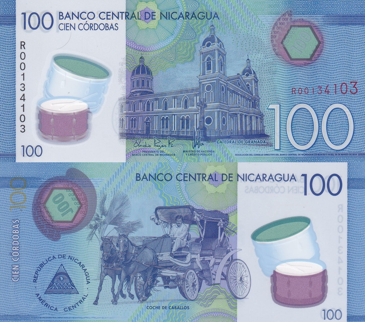 Nicaragua 100 Cordobas 2014 Polymer P 212* R Prefix REPLACEMENTUNC