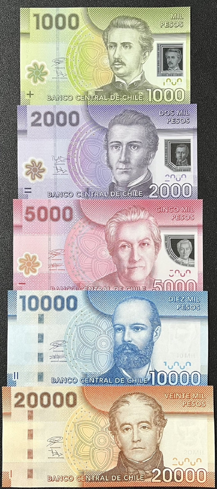 Chile Set 5 UNC 1000 2000 5000 10000 20000 Peso 2014-2021 P 161 162 163 164 165