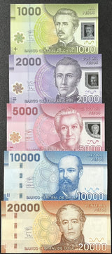 Chile Set 5 UNC 1000 2000 5000 10000 20000 Peso 2014-2021 P 161 162 163 164 165
