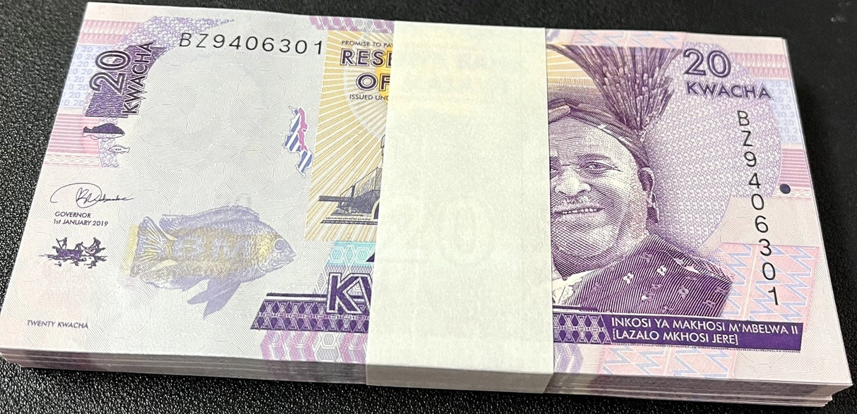 Malawi 20 Kwacha 2019 P 63 LOT 100 Pcs 1 Bundle