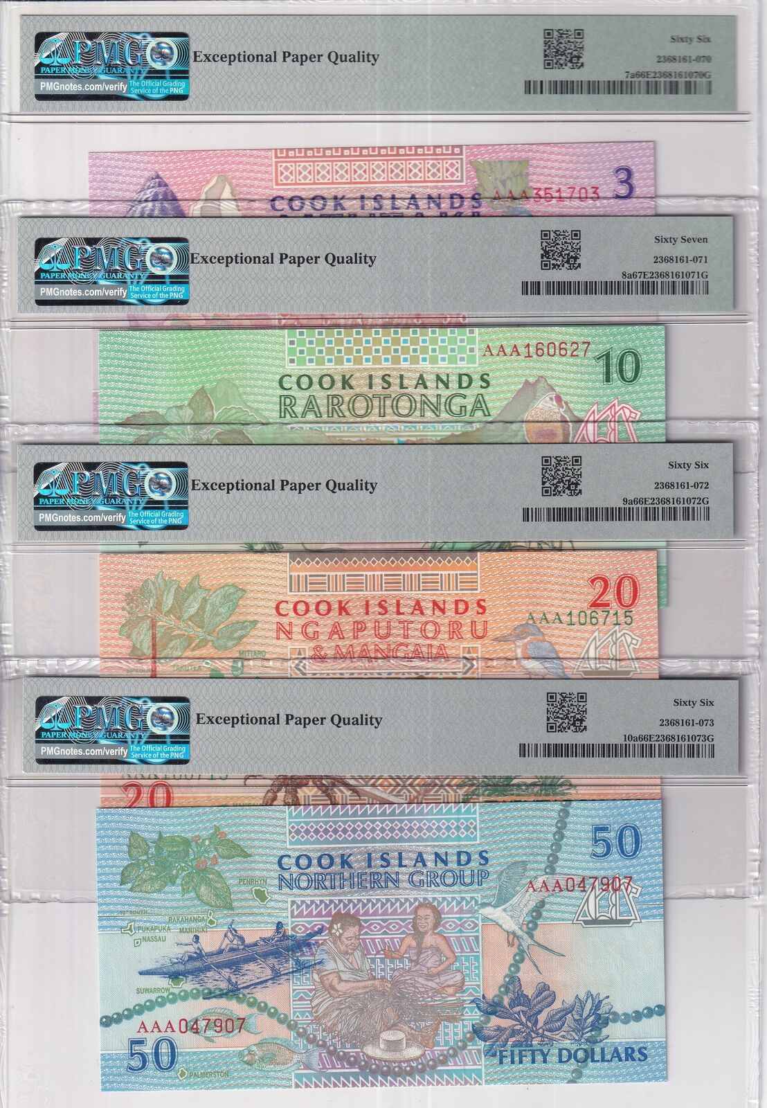 Cook Islands SET 4 3 10 20 50 Dollars ND 1992 P 7 8 9 10 Gem UNC PMG 66 67 EPQ
