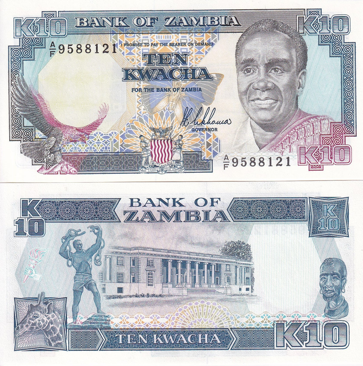 Zambia 10 Kwacha 1989-1991 P 31 UNC Giraffe, Liberty monument