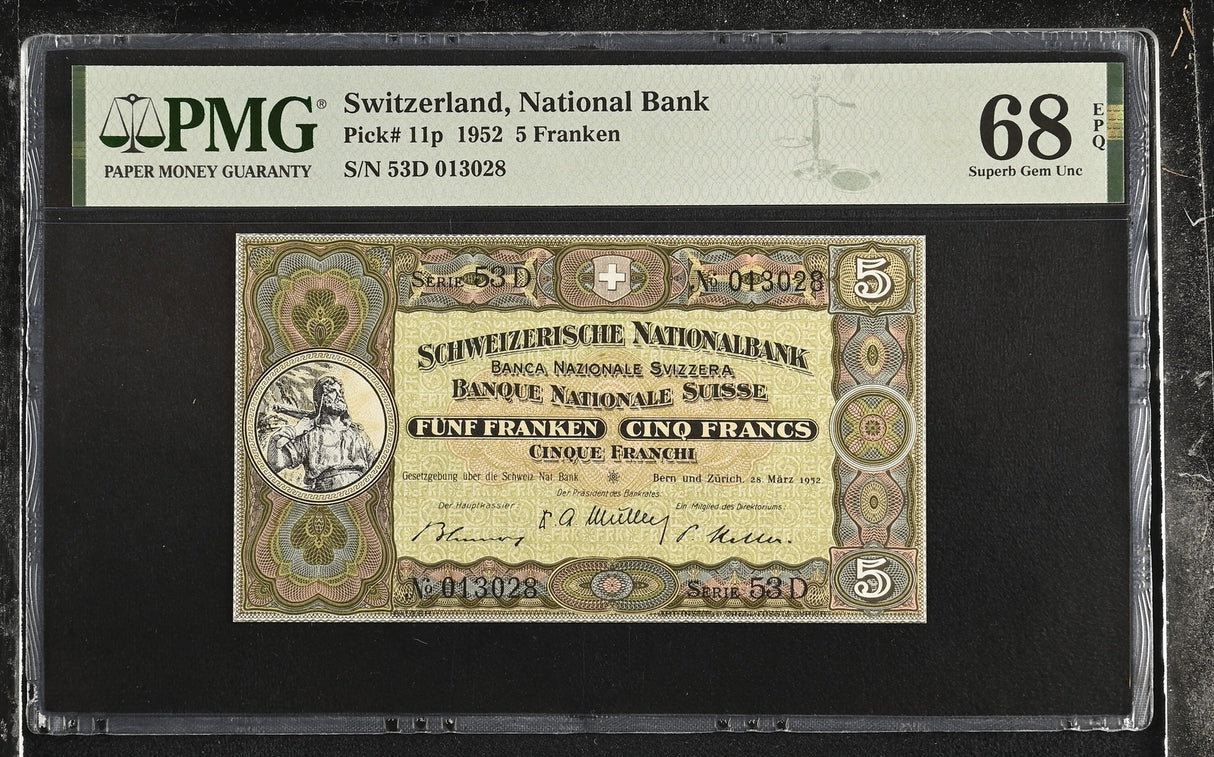 Switzerland 5 Franken 1952 P 11 p Superb Gem UNC PMG 68 EPQ
