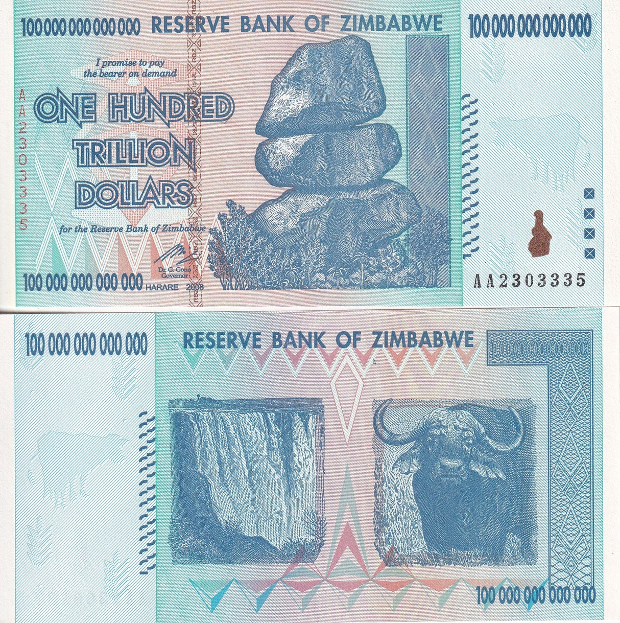 Zimbabwe 100 Trillion Dollars 2008 P 91 UNC Chiremba Balancing Rocks