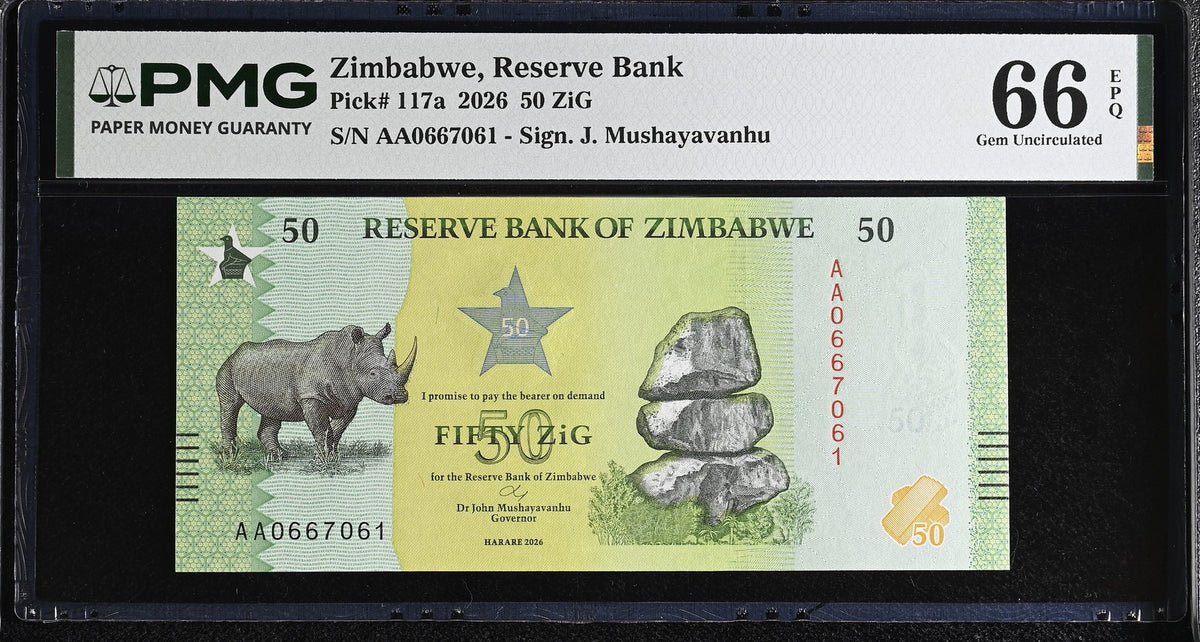 Zimbabwe 50 Zig 2026 P 117 a Gem UNC PMG 66 EPQ , AA prefix Grade Note