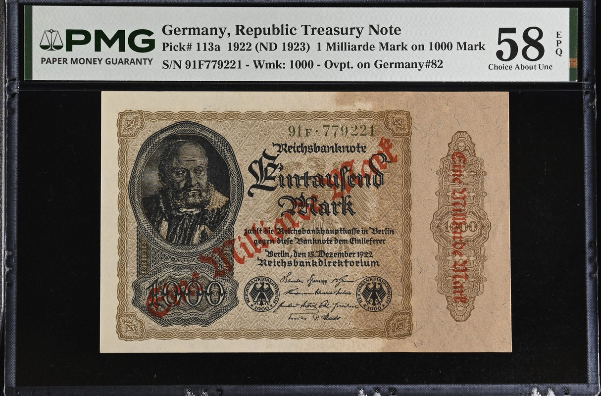 Germany 1 Milliarde Mark on 1000 Mark 1922 ND 1923 P 113 Choice AUnc PMG 58 EPQ